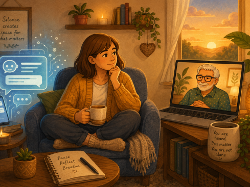 Illustration of a person sitting thoughtfully between an AI chat window and an online therapist, showing the difference between digital support and human connection in therapy.