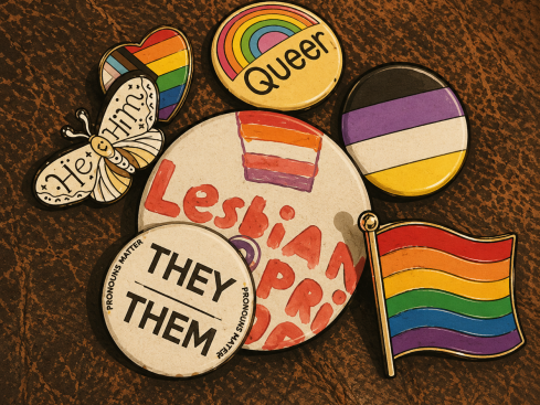 A collection of LGBTQ+ Pride badges representing identity, inclusion, diversity and acceptance.
