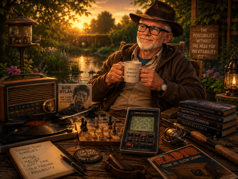 Illustrated scene of a man relaxing in a peaceful garden surrounded by a vintage radio, vinyl record player, retro chess computer, books and fishing gear, reflecting on simplicity and slowing down amidst nature.